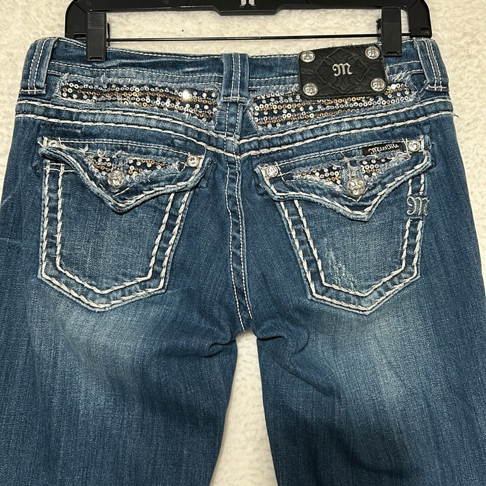 Miss me sequin bling pocket boot, cut jeans size 27